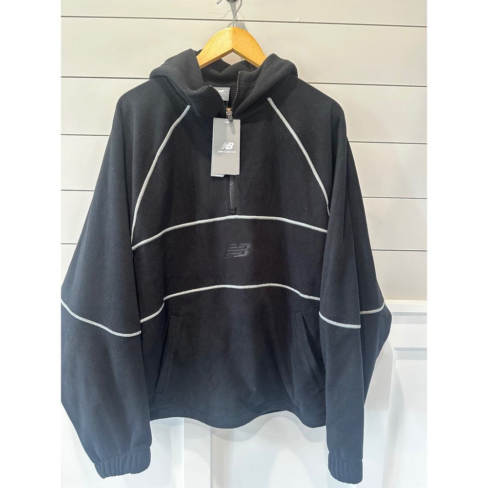 New Balance Mens Oversized Quarter Zip Fleece Hoodie Black Grey Piping Size M